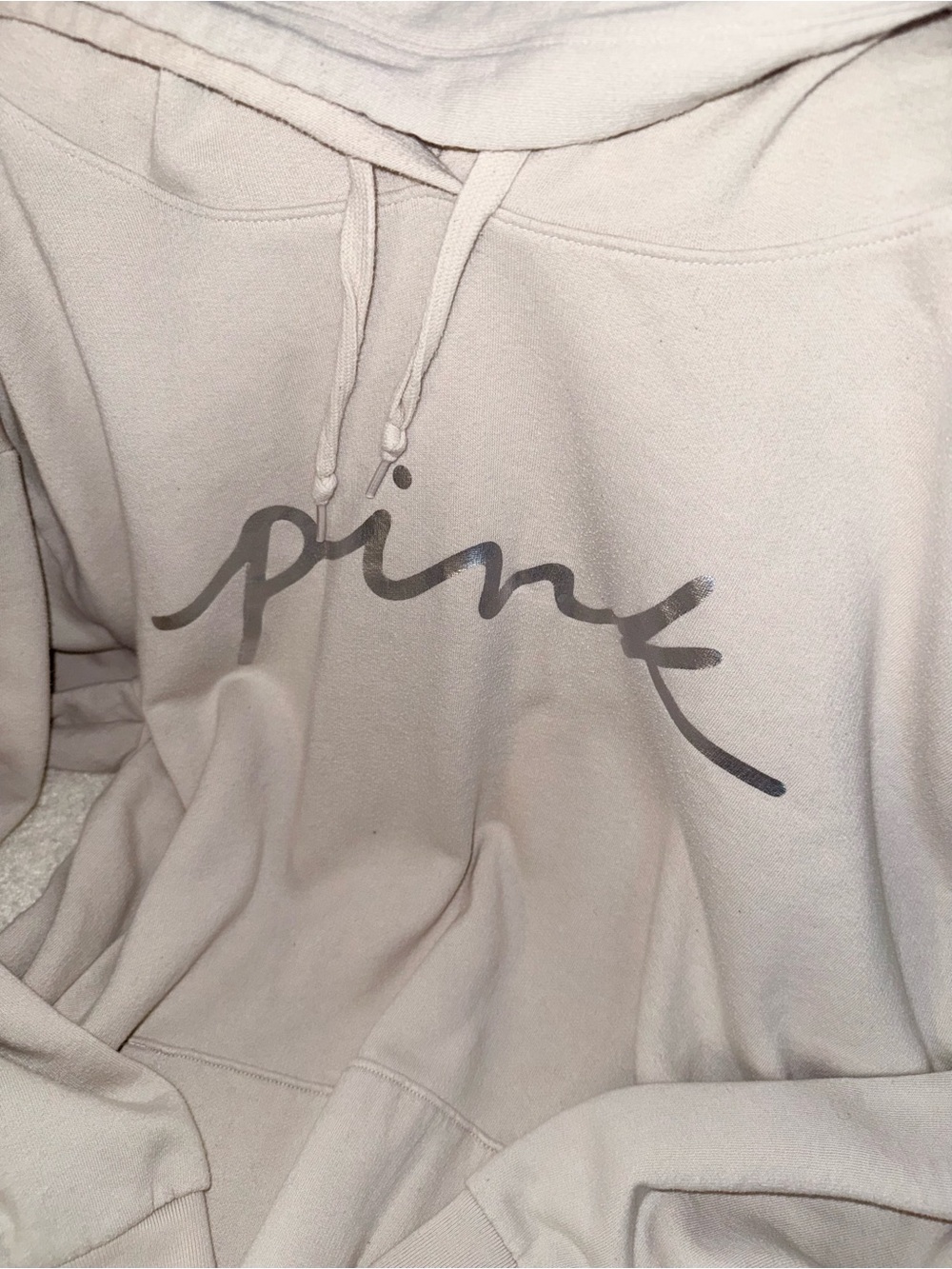 Victorias Secret Pink hooded sweatshirt hoodie XXL tan nude silver foil script